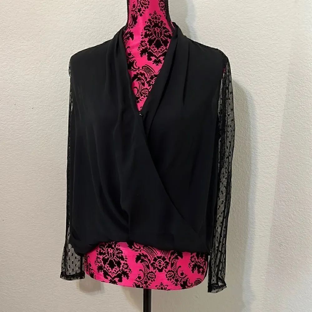 Lulus Black Blouse with Long Shear Lace Sleeves- Size M